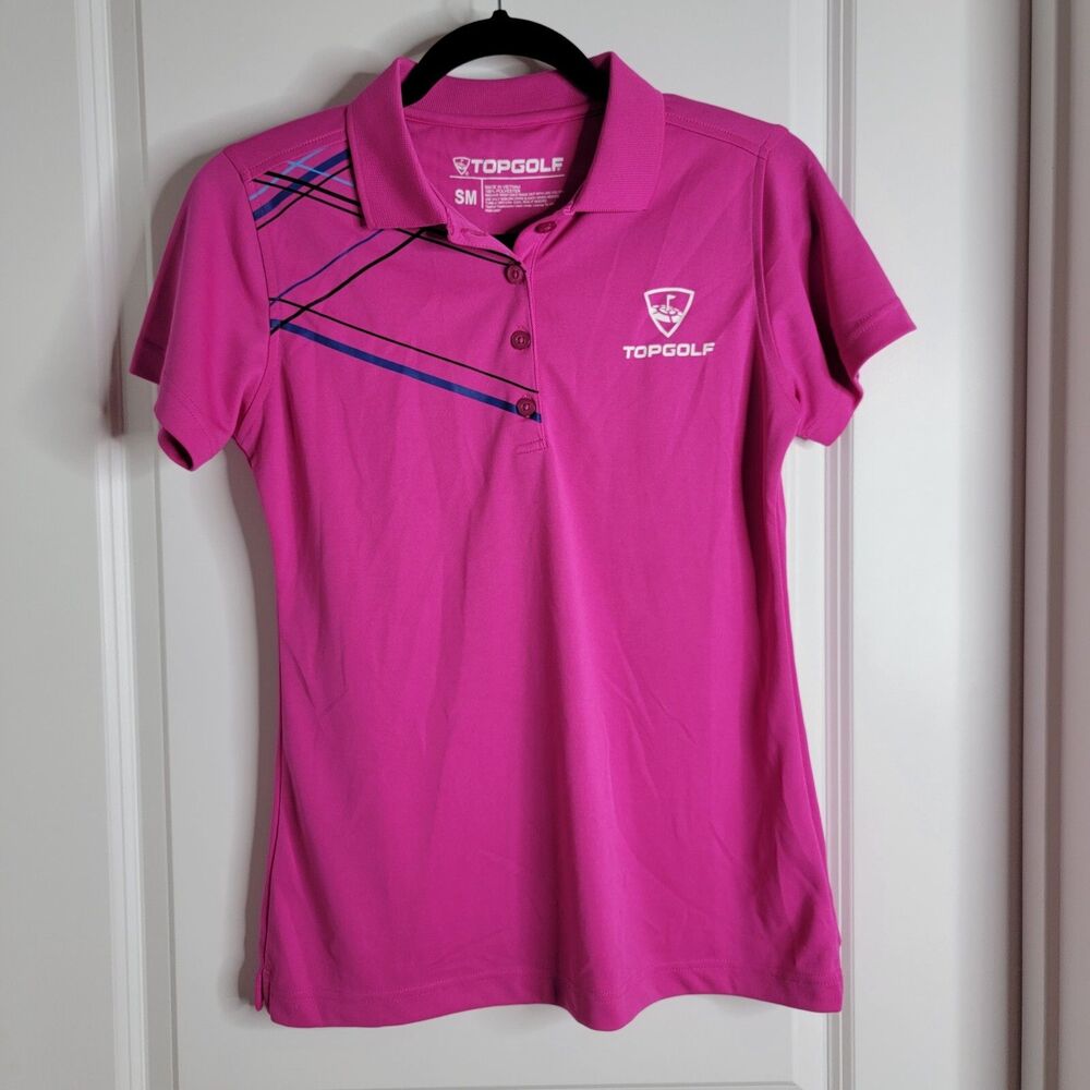Top Golf Polo Shirt Women’s Medium Uniform Pink Blue Logo Short Sleeves Stretch